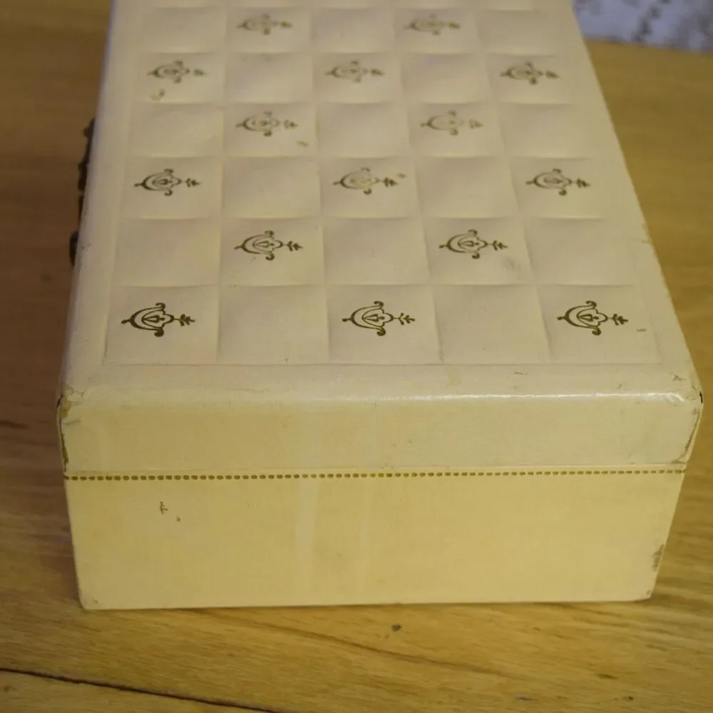 Vintage Jewelry Box Organizer Beige MCM Pink Satin Lined 2 Tier Cottage Glam